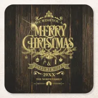 Rustic Christmas Typography Gold ID550 Square Paper Coaster
