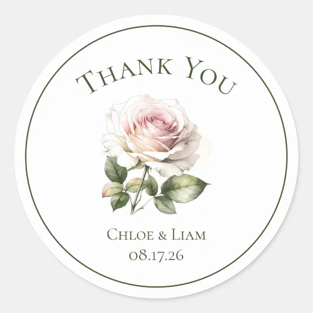 Elegant Pink Garden Rose Flower Wedding Thank You Classic Round Sticker