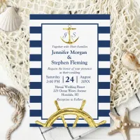 Nautical Gold and Navy Blue Stripes Wedding Invitation