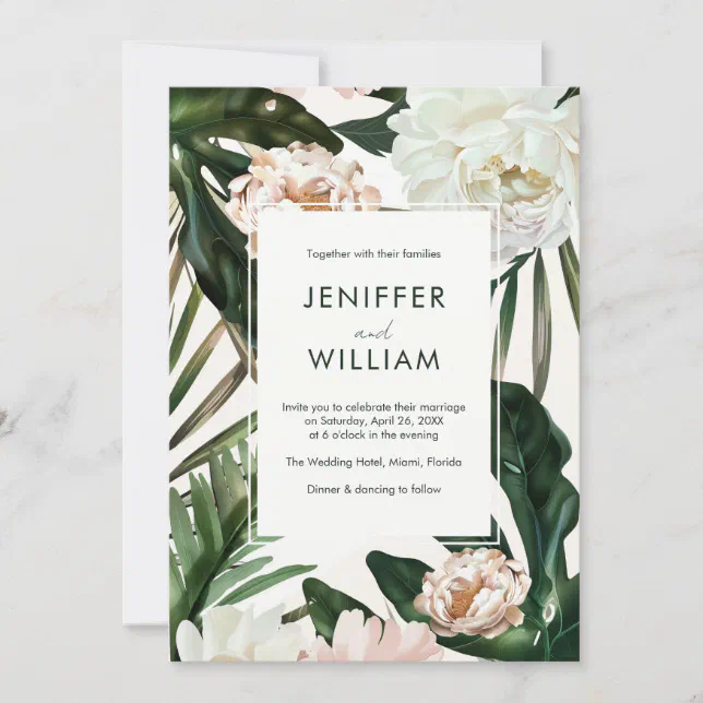 Peach White Peonies & Green Leaves Floral Wedding Invitation