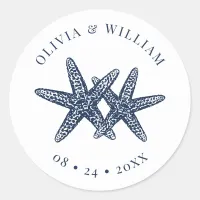 Starfish Beach Wedding Coastal Navy Blue  Classic Round Sticker