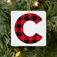 Holiday Red and Black Buffalo Plaid Monogram C Ceramic Ornament