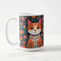 Whimsical Folk Art Cat and Flowers Coffee Mug