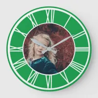 White Roman Numeral Border Green Add Photo Round Large Clock