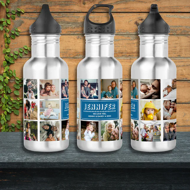 Personalize Kid Child Name Instagram Photo Collage Stainless Steel Water Bottle