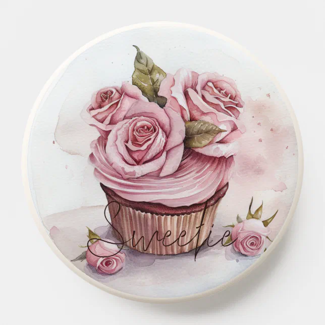 Sweetie Watercolor Cupcake Pink Roses PopSocket