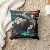 Majestic Moose Among Mountains and American Flags Throw Pillow