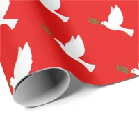 White Dove Bird with Olive Branch on Red Wrapping Paper