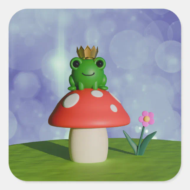 Cute Cartoon Frog Wearing a Crown on a Mushroom Square Sticker