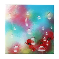 Red Poppies Bouquet Water Drops Paint Spray Art Ceramic Tile