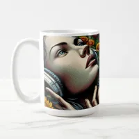 Beautiful Woman with Headphones in Sunflowers Coffee Mug