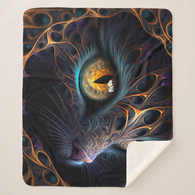 Fractal Cat Face in Black and Vibrant Colors Sherpa Blanket