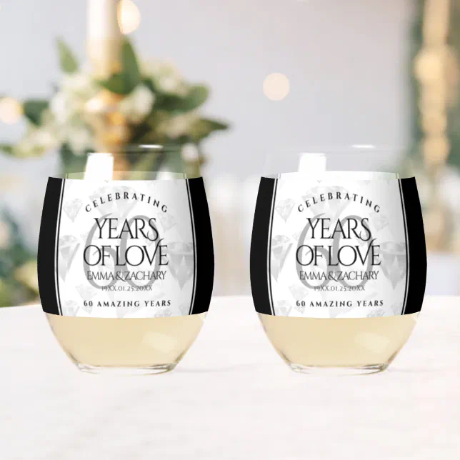 Elegant 60th Diamond Wedding Anniversary Stemless Wine Glass