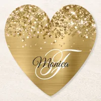 Glittery Gold Foil Fancy Monogram Paper Coaster