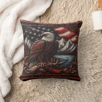 Majestic Eagle Overlooking Mountains and Flag Throw Pillow