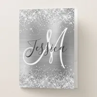 Glittery Silver Foil Black and White Monogram Pocket Folder