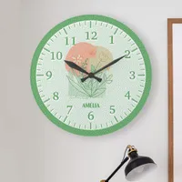 Kids Retro Green Floral Design Large Clock