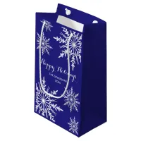 White Winter Snowflakes on Blue Happy Holidays Small Gift Bag