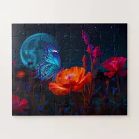 Cute Butterfly on Psychedelic Poppy in Moonlight Jigsaw Puzzle