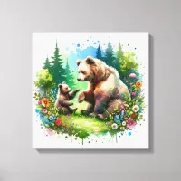 Cute Watercolor Bear and Cub Canvas Print