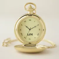 Custom Monogram Name Gold Roman Numerals Pocket Watch