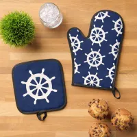 Ships Wheel Galley Kitchen Blue and White Sailors Oven Mitt & Pot Holder Set