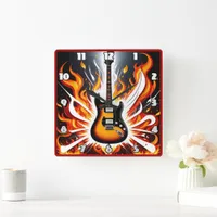 Electric guitar ignites in a blaze of colors square wall clock