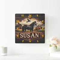 Black Horse Near Barns and Flying Birds Square Wall Clock