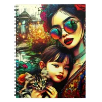 Colorful Art Mom and Daughter Asian Flower Garden Notebook