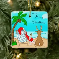 Merry Christmas Santa on Beach with Reindeer  Ceramic Ornament