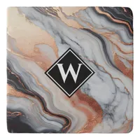 Elegant Rose Gold Black Marble Monogram Trivet