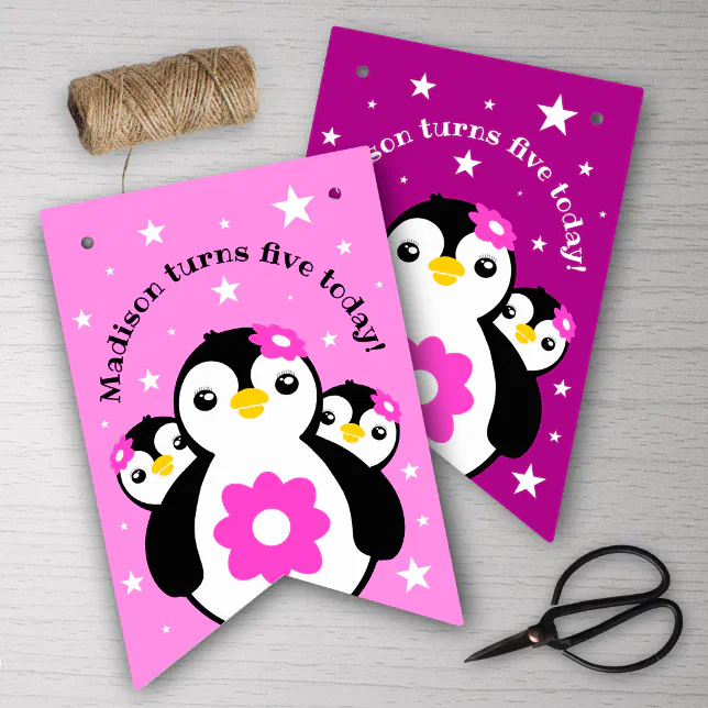 Cute Happy Birthday Girl Penguins Pink Flowers Bunting Flags