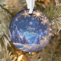 Magical Christmas time - golden snowflakes on blue Ornament