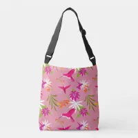 Pretty Pink Hummingbird Tropical Flower Patterned Crossbody Bag