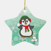 Cute Penguin Throwing Snowballs Christmas Ceramic Ornament