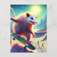 Skateboarding Surreal Adorable Opossum  Postcard