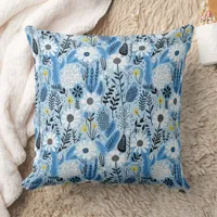 Shades of Blue and White Daisies and Leaves Throw Pillow