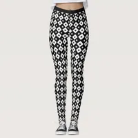 Monochrome Black White Star Box Pattern Fitness Leggings