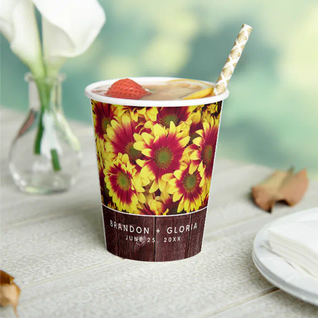 Rustic Autumn Sunflowers on Fence Wedding Paper Cups