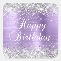 Silver Glitter Light Purple Happy Birthday Square Sticker