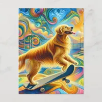 Colorful Golden Retriever Skateboarding  Postcard