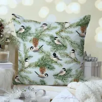 Winter Birds Pine Branches Christmas Pattern Throw Pillow
