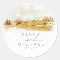 Watercolor Landscape Wedding Autumn Gold ID786 Classic Round Sticker