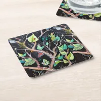 Exotic Foliage Watercolor and Stylish Butterflies Square Paper Coaster