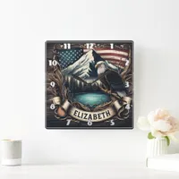 Eagle Soaring With Mountain and Flag Square Wall Clock