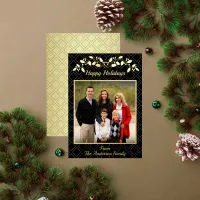 Happy Holidays Family Photo Name Blue Gold Foil Holiday Card