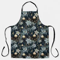 Blue and Gold Christmas Ornaments Poinsettias Apron