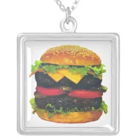 Double Deluxe Hamburger with Cheese Silver Plated Necklace