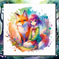 Pretty Watercolor Anime Girl and Fox Poster