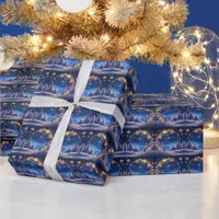 Magical Christmas time - golden snowflakes on blue Wrapping Paper